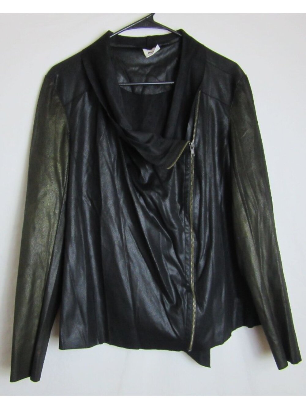 MOTE Moto Jacket Black Foil Asymmetrical Zip Up Faux Leather NEW Womens Large